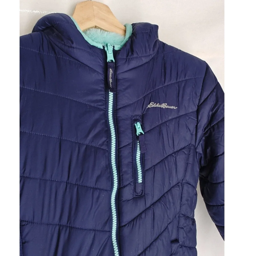 Eddie Bauer Youth Reversible Puffer Jacket  Light Blue Navy Hood Fleece M 10 12